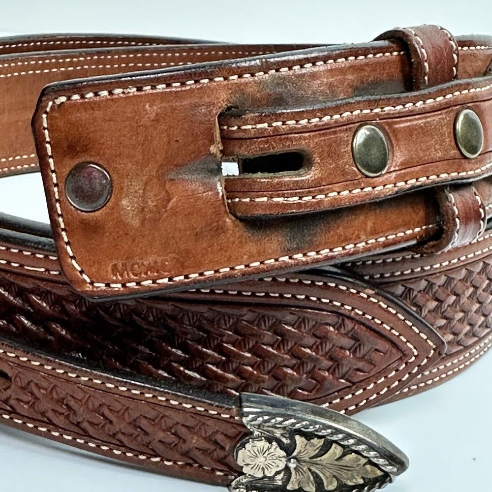 Vogt Silversmiths Western Belt Mens 1 1/2" Basketweave Sz 38 Hand Tooled Rancher